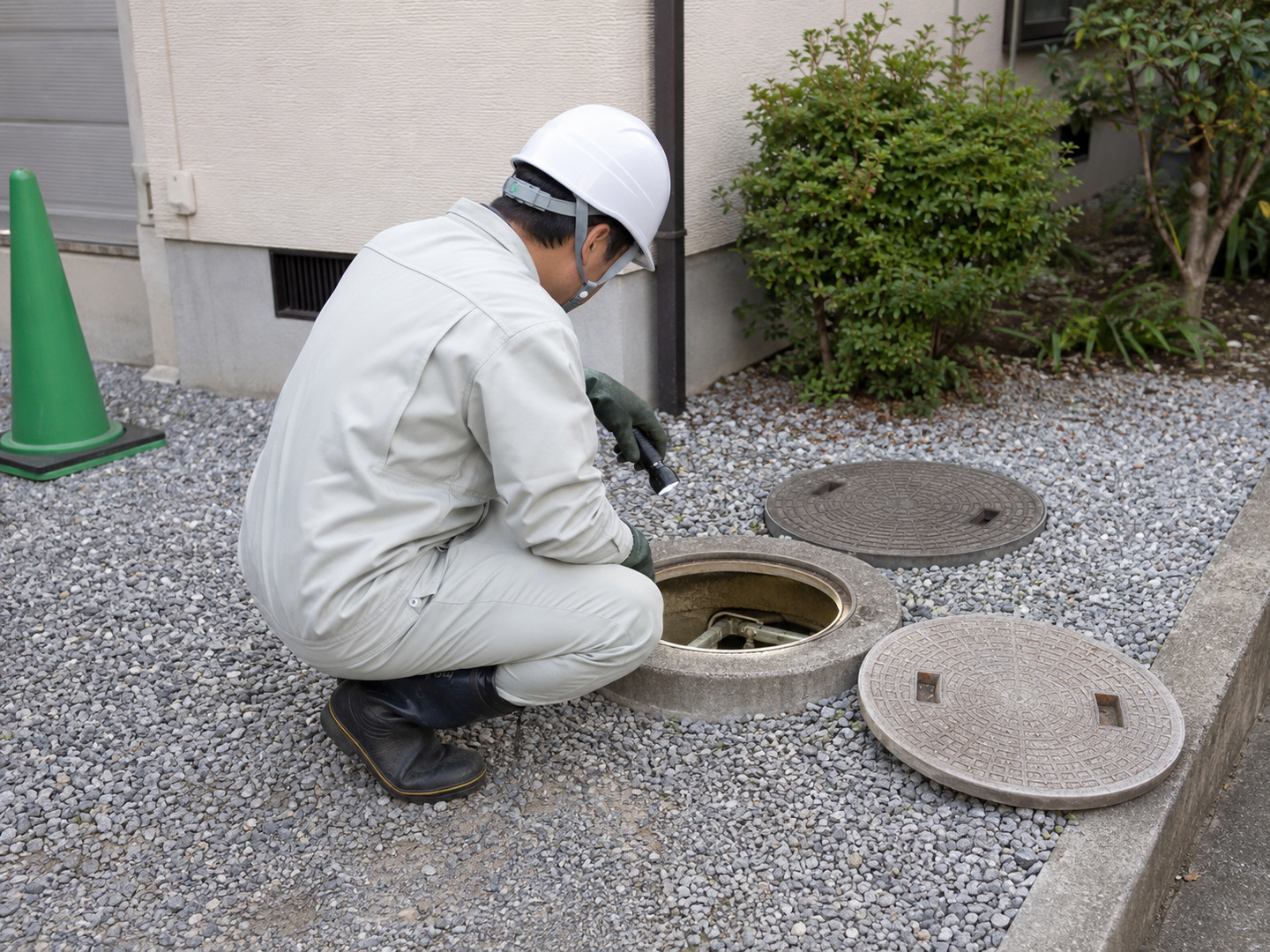 開けた点検口のそばで設備を確認する作業員（イメージ）