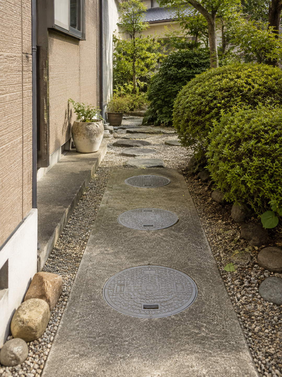 住宅の庭先に並ぶ浄化槽の点検口（イメージ）